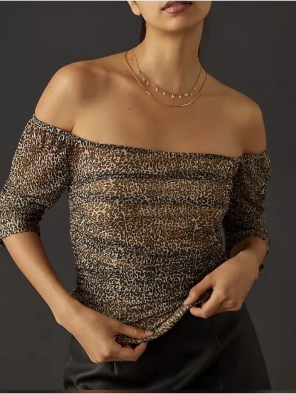 ✨ By Anthropologie Shirred Mesh Top Leopard Animal Print Preloved Size Large